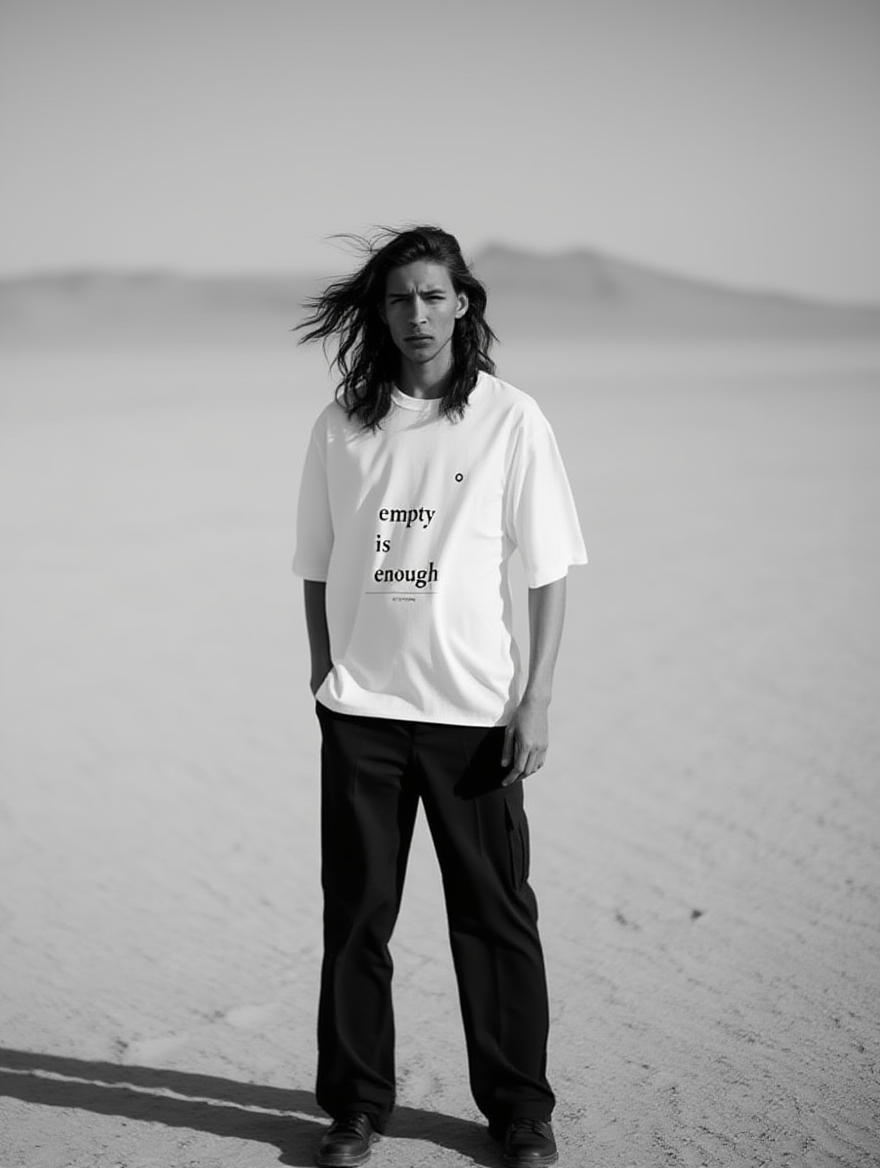 Person wearing a white t-shirt with text in a desert setting