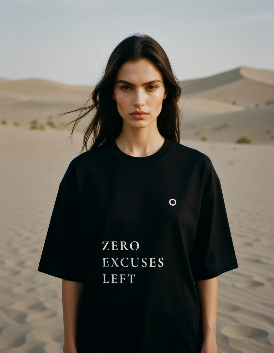 Person wearing a black t-shirt with 'ZERO EXCUSES LEFT' text in a desert setting