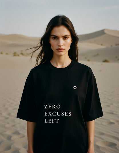 Person wearing a black t-shirt with 'ZERO EXCUSES LEFT' text in a desert setting